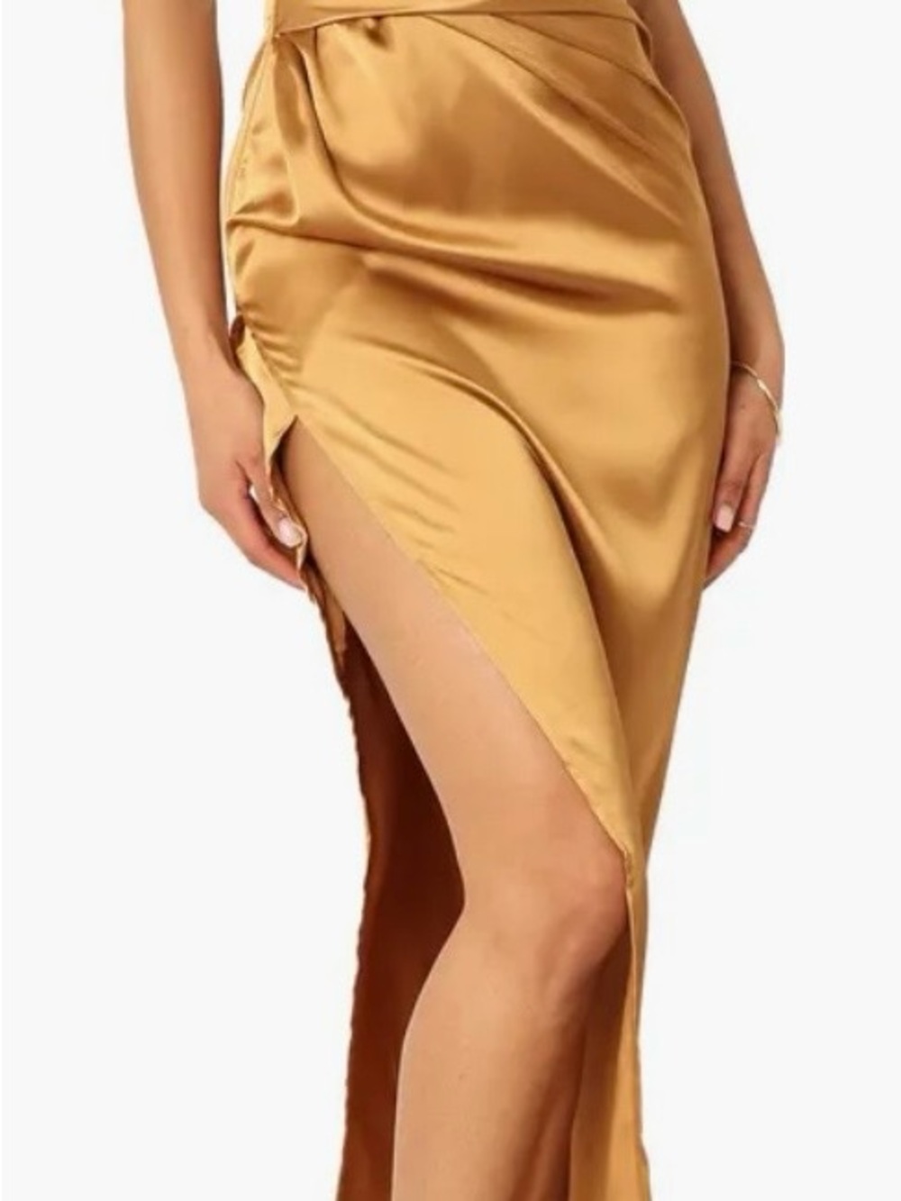 Petal & Pup Nadia Gold High-Slit Satin one shoulder dress